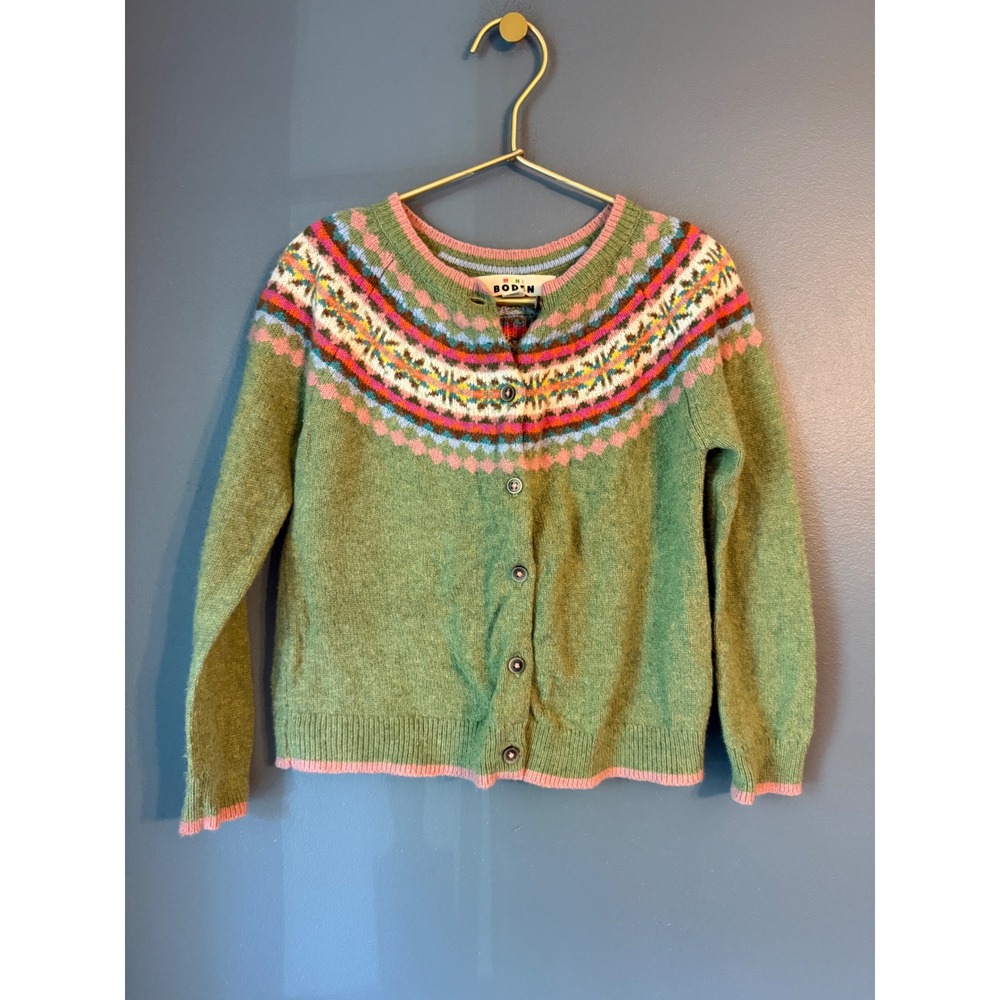 Mini Boden Girls Green Fair Isle Cardigan Sweater Pink Trim Size 5-6Y